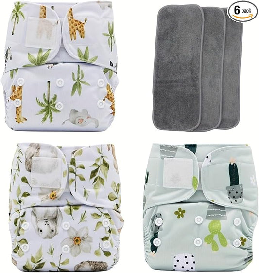 3 pcs Hook and Loop Fasteners Design Baby Reusable Cloth Diapers with 3 Microfier Inserts (Animals Prints)