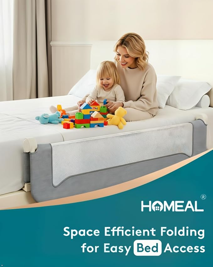 HOMEAL Bed Rail for Toddlers, 32" Swing Down Bed Guard with Double Reinforced Stability, Foldable Metal Safety Rail for King, Queen, Full & Twin Beds, Grey