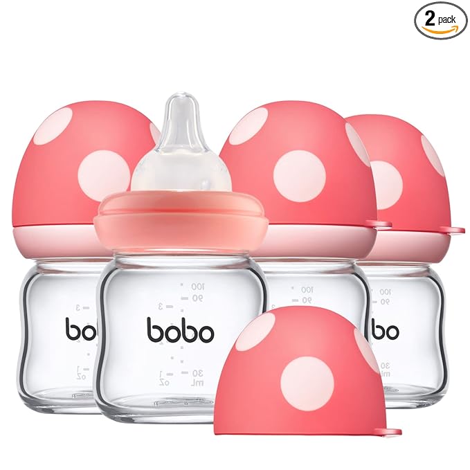 YOHKOH Natural Glass Baby Bottle with Level 1 Slow Flow Nipple, Newborn Anti-Colic Baby Bottles, Wide Neck Mushroom Baby Glass Bottle (3.4oz (Pack of 4), Red)