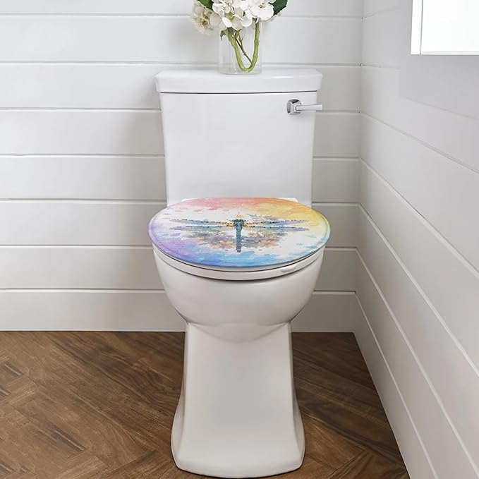 Dragonfly with Flower Toilet Cover Seat Flannel Fabric Bathroom Toilet Dust Covers Elastic Edges Stretch Washable Toilet Lid Covers for Bathroom Covers Stains, Stays Clean, Easy To Clean