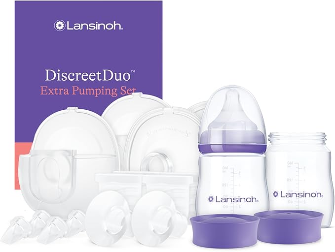 Lansinoh DiscreetDuo Extra Pumping Set | Hands-Free Wearable Breast Pump Accessories | Portable Replacement Kit with Milk Collection Cups, Flanges, Valves & Bottles (Pump Not Included)
