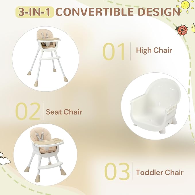 Ktaxon 3-in-1 Baby High Chair, Portable Adjustable Height Highchair with Removable Dual-Layer Tray, 5-Point Safety Harness and Footrest for Toddlers & Babies, Beige