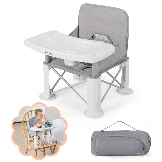 BABY JOY Travel Booster Seat with Double Tray, Folding Portable High Chair Booster Seat for Dining Table, Indoor/Outdoor Use, Camping, Beach, Lawn, Compact Baby Seat with Straps & Carrying Bag