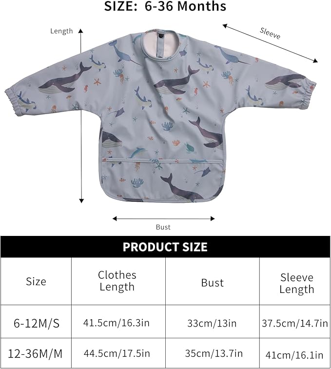 Long Sleeve Baby Bibs for Toddlers, Waterproof, Boys Girls Smock with Food Catcher Pocket for Feeding, Eating