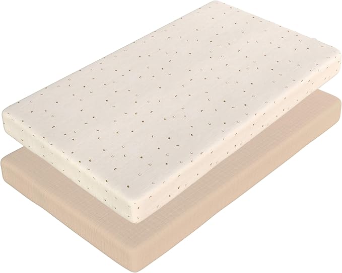 2-Pack Muslin Mini Crib Sheets Girl Boy, Cotton Muslin Pack and Play Sheets Fitted, 27" x 39", Fits Graco Pack n Play Mattress, Playpen Sheets Pack n Play, Oeko-Tex (Neutral Pack n Play Sheets)