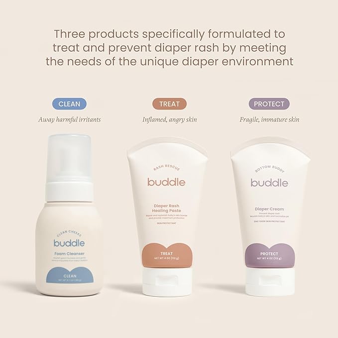 Buddle Diaper Rash 3-Piece System, 40% Zinc Oxide Ointment, Diaper Cream & Foam Cleanser for No-Rinse Cleansing