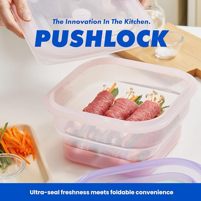 PushLock Collapsible Food Storage Container&Smart Cooking Steam Tray, Space-Saving, Platinum Silicone, Microwave&Freezer&Dishwasher Safe, for Cooking&Leftovers, BPA-Free, 60oz per Unit (GREEN&PINK)