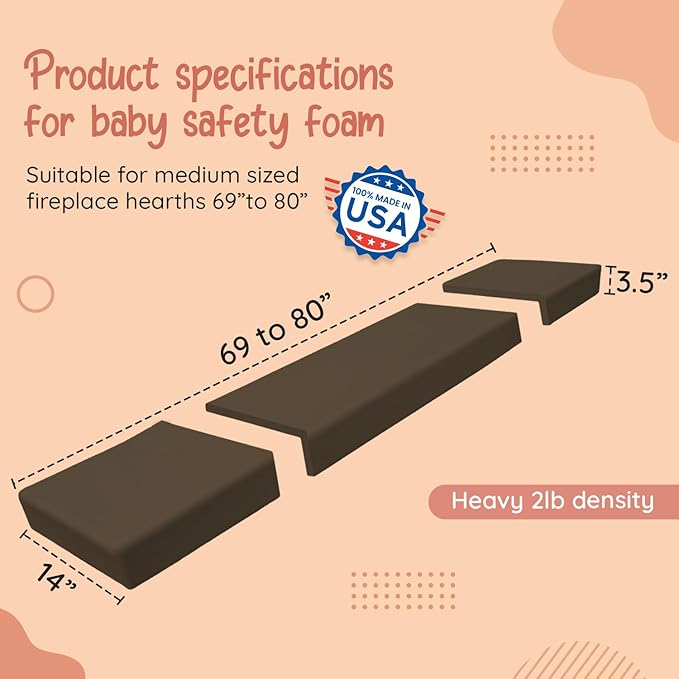 Soft Seat Edge Cushion Fireplace Hearth Guard Bumper Pad Child Proof Padding (Medium, Brown-fits Width from-69-80")