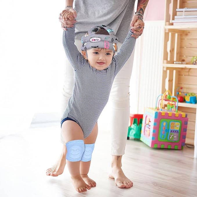 Baby Adjustable Helmet, Lightweight and Soft, with 3 Pairs Baby Knee Pads for Crawling & 3 Pairs Baby Socks, Great for Baby Learning to Walk and Crawl. Forest,Gray+6
