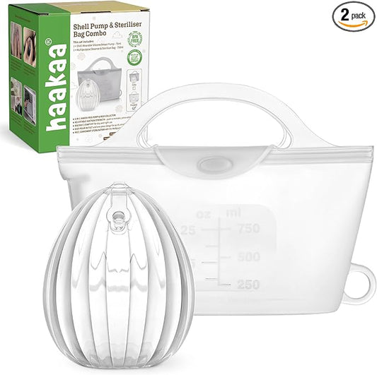 haakaa Wearable Silicone Breast Pump with Steriliser Bag, 2-in-1 Hands-Free Passive Breast Milk Catcher for Nursing Mom, Breastfeeding Essentials, 75ml Shell Pumps & 1 Steriliser Bag - Frosted