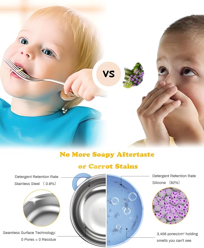 Bakpoco Toddler Feeding Suction Bowls and Utensils Set, 2-in-1 Stainless Steel 304 Kids Bowl & Silicone Suction Baby Bowl with Spoons and Forks, First Self-feeding Training Set, Sunrise Meadow