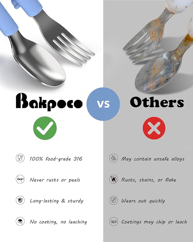 Bakpoco 6PCS Toddler Utensils, 316 Stainless Steel Baby Safe Forks + Spoons with Silicone Handle, BPA Free Dishwasher Safe Kids Silverware Cutlery with Box, Sage/Blush/Lilac