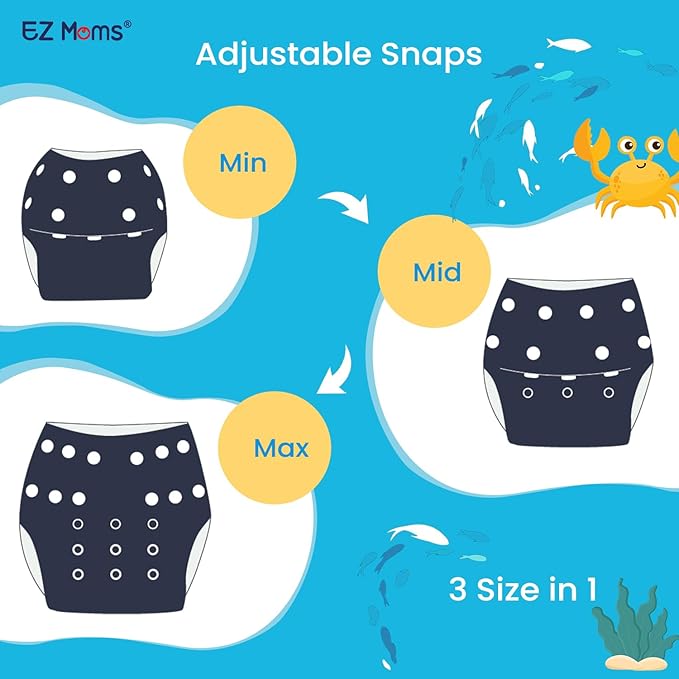 EZ Moms Baby Swim Diapers Reusable 2Pcs Large Size Snap Adjustable Washable One Size Toddler Swim Diaper with a Shammy Towel for Baby Boy Water Diaper Waterproof Swimming Diapers for Swimming Lessons