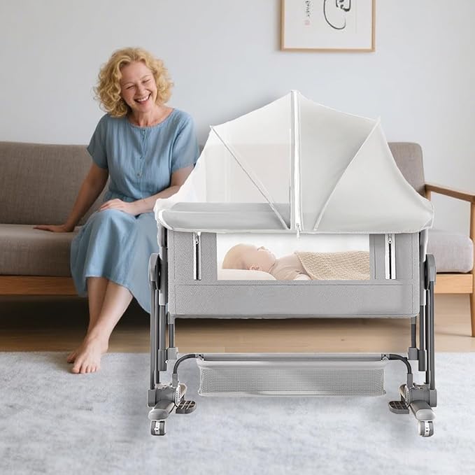 Akiky Portable Bassinet Bedside Sleeper Cover Semi-Sunshade Mosquito Net for Baby Infant Bed Sleeper Cover Mesh Net with Zip-up Window(Gray)