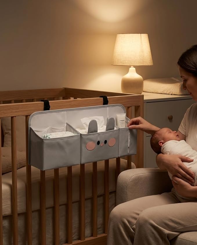 Adorable Bunny Hanging Diaper Caddy: 3-in-1 Heavy Duty Bassinet Organizer Attachment & Diaper Holder for Crib - Reinforced Oxford Cloth Storage - Stylish Gray Nursery Essential for New Parents