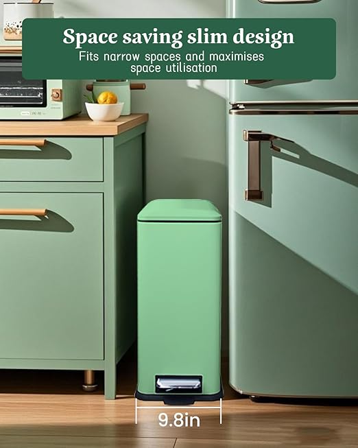 8 Gallon Stainless Steel Trash Can with Lid, Narrow Kitchen Trash Can with Removal Inner Bucket, Soft Close, Step Trash Bin, Metal Garbage Can for Bathroom, Kitchen, Office, 30L, Green