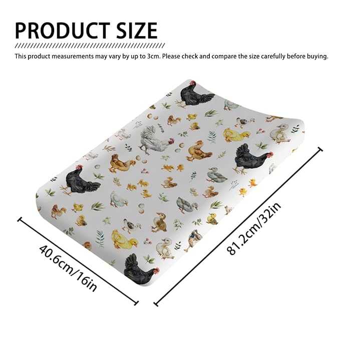 Spring Farm Animals Boho Leaves Changing Pad Covers Chick Rooster Hen Duck Eggs Baby Diaper Changing Pad Cover for Boy Girl Soft Breathable Stretchy Baby Changing Table Sheets Mats 32''x16''