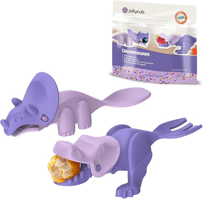 Jollycub® Interactive Toddler Utensils, Dino Chomperware™, Kids Silverware Set, BPA Free, Made in USA (Purple Fruits)