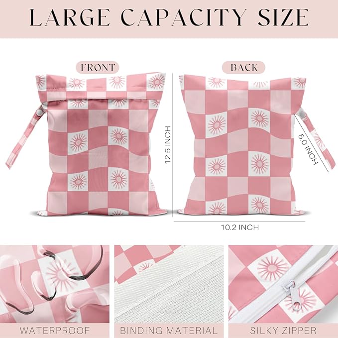 Wet Bag, Wet Dry Bag, Waterproof Swim Bags, Machine Washable Reusable Bags for Beach, Pool, Diapers, and Dirty Yoga Gym Clothes(Pink Checkerboard Design)