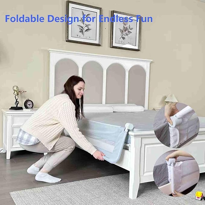 Grelife Foldable Bed Rail for Toddlers, Tall Toddler Bed Rails for Twin, Full, Queen Bed, Baby Bed Rail Guard with Reinforced Metal Frame & Breathable Mesh (1, Gray, 59.0")