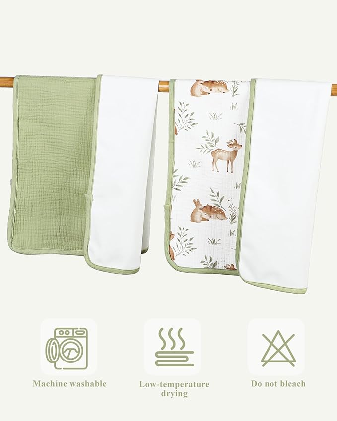Waterproof Portable Changing Pad 2 Pack, Muslin Cotton Baby Changing Mat Comfortable & Breathable, Foldable Diaper Changing Pad for Travel, Machine Washable, Deer & Green