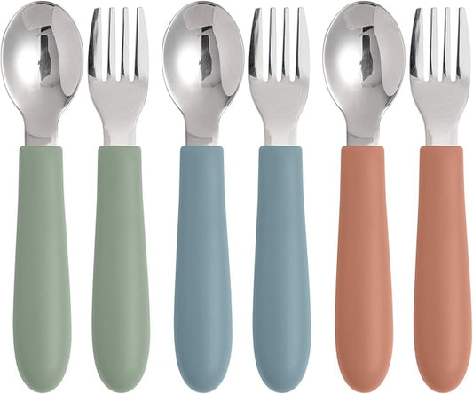 Eascrozn Toddler Utensils, Kids Silverware with Silicone Handle, Spoons and Forks Set, 18/8 Stainless Steel Children Safe Feeding Supplies, 6 Pack, Dishwasher Safe