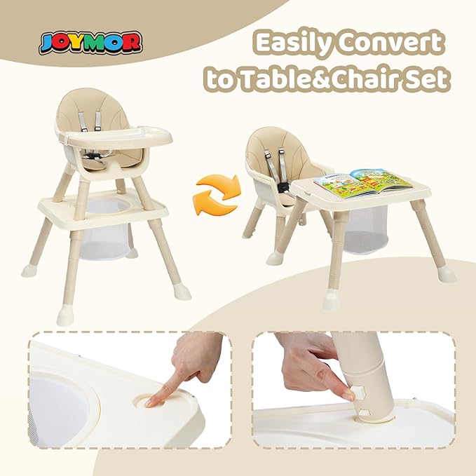 JOYMOR 7 in 1 High Chair for Babies and Toddlers, Convertible Kids Learning Table and Chair with Large Baske for Storage (Beige)