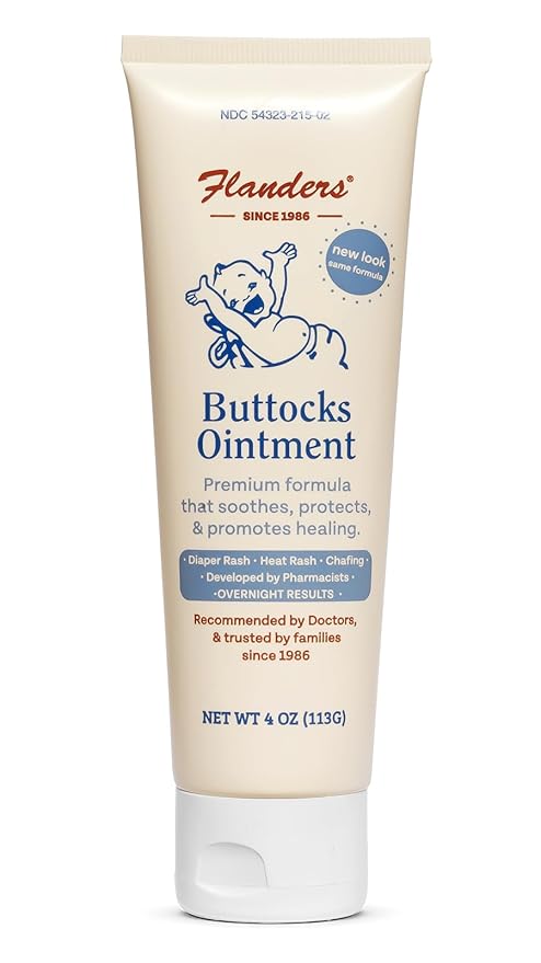 Flanders Buttocks Ointment – Zinc Oxide Diaper Rash Cream, 4oz Tube, Thick Barrier Paste for Baby & Adult Skin, Heat Rash, Chafing & Irritation Relief