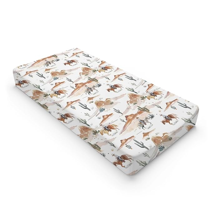 Watercolor Western Cactus Horse Mountain Baby Changing Pad Cover, Unisex Western Theme Nursery Diaper Changing Table Pad Mat Sheet for Boys Girls-16x32