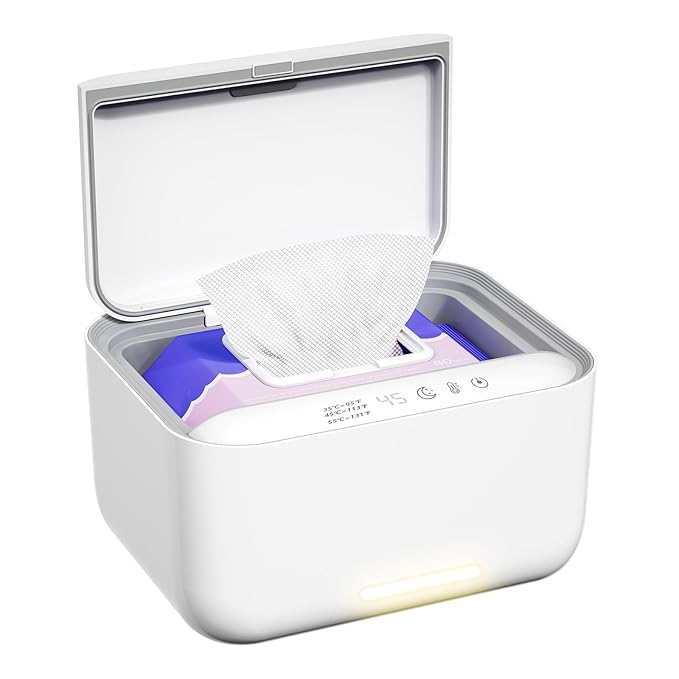 Baby Wipe Warmer Dispenser Holder with 3 Level Surround Temperature Control，Diaper Water Wipe Holder Container with Light for Wipe, Towel, Wet Tissue (White)