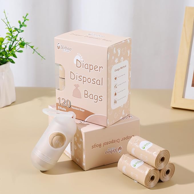 USBOO Disposable Diaper Bags for Baby | 8 Refill Rolls(120 Pack) Diaper Trash Bags with Dispenser | Leak Proof | Baby Poop Bag
