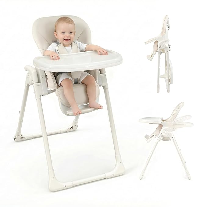 High Chair, Foldable High Chairs for Babies and Toddlers, Adjustable Height, Backrest and Footrest, Removable Tray, Beige