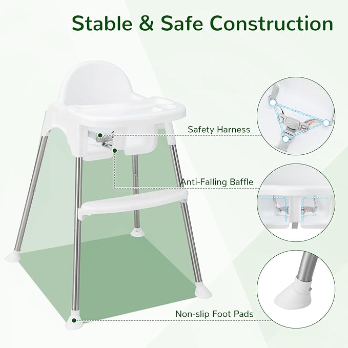 HONEY JOY Baby High Chair, 4 in 1 Convertible Highchair for Babies and Toddlers, Adjustable Legs, Double Removable Tray & Footrest, 3-Point Safety Harness for Infants Boys Girls (White)