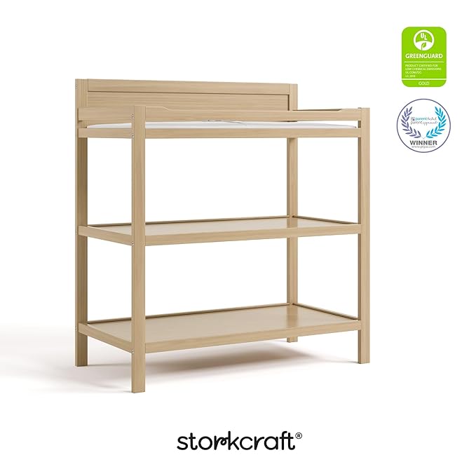Storkcraft Alpine Changing Table (Driftwood) - Includes Water Resistant Changing Pad with Safety Strap, 2 Open Shelves for Storage