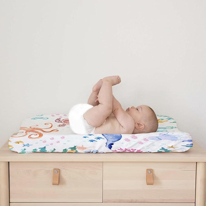 Colorful Nautical Life Changing Pad Cover Ocean Animals Corals Sea Weeds Baby Change Table Pad Cover for Boys Girls Soft Stretchy Fitted Diaper Changing Mat Sheets 32''x16''