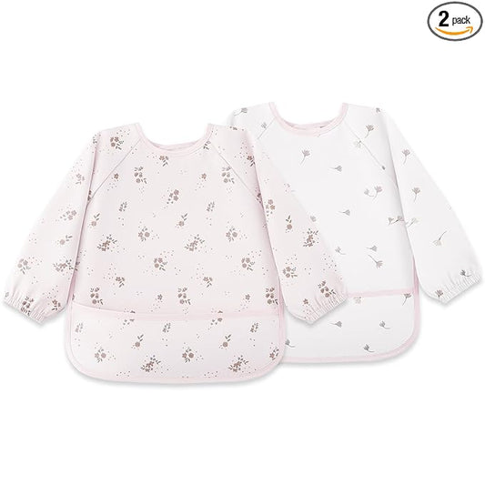 Susurration Long Sleeve Bibs for Babies 2 Pack, Baby Eating Smock Waterproof Baby Bibs for Babies & Toddlers, 6-36 Months Newborn Baby Essentials - Pink Flower