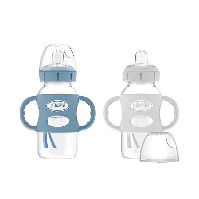 Dr. Brown's Milestones Wide-Neck Sippy Bottle with 100% Silicone Handles, Easy-Grip Bottle & Options+ Wide-Neck Baby Bottle Sippy Spout, 2Count