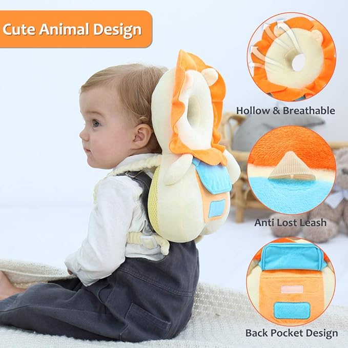 Baby Head Protector & Knee Pads for Crawling, Toddlers Head Safety Pad Adjustable Backpack, Baby Back Protection for Walking & Crawling, Cute Lion