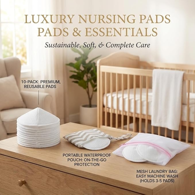 Reusable Nursing Pads with Washing Bags - 10-Pack Viscose from Bamboo Breastfeeding Pads, Washable Organic Maternity Nipple Pads (L 4.72") (3 Layer Anti-Slip, Anti-Slip Particles)