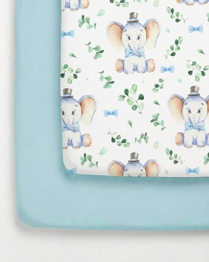 Pack and Play Sheets Fitted - 2 Pack Mini Crib Sheets for Pack N Play Mattress - Unisex Playard Microfiber Bedding for Boys & Girls - Soft, Breathable & Wrinkle Free - Oeko-Tex, 38 x 26in - Elephant
