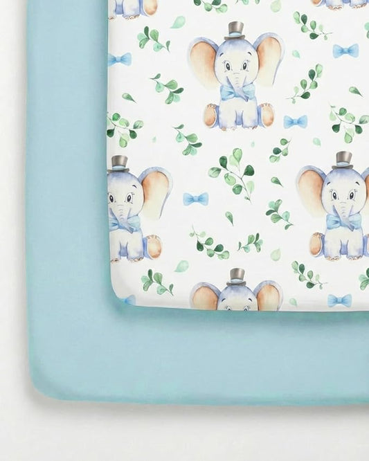 Pack and Play Sheets Fitted - 2 Pack Mini Crib Sheets for Pack N Play Mattress - Unisex Playard Microfiber Bedding for Boys & Girls - Soft, Breathable & Wrinkle Free - Oeko-Tex, 38 x 26in - Elephant