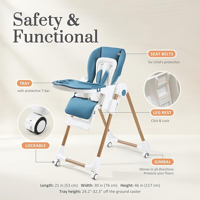 Foldable High Chairs for Babies and Toddlers, 3-in-1 Convertible Baby High Chair with Removable Soft Cushion and Tray, Adjustable Height & Recline, Lockable Wheels, Dark Blue
