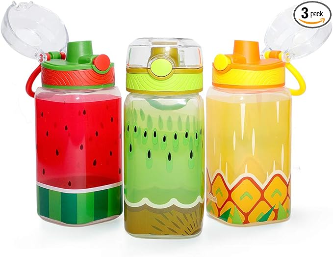 15oz Kids Water Drinking Bottle - BPA Free, Wide Mouth, Auto Flip Cap, Chug Lid, Easy Open, Lightweight, Leak-Proof Water Bottle with Cute Design For Girls & Boys - 3 Pack Fruit