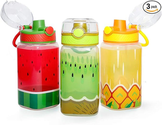 15oz Kids Water Drinking Bottle - BPA Free, Wide Mouth, Auto Flip Cap, Chug Lid, Easy Open, Lightweight, Leak-Proof Water Bottle with Cute Design For Girls & Boys - 3 Pack Fruit