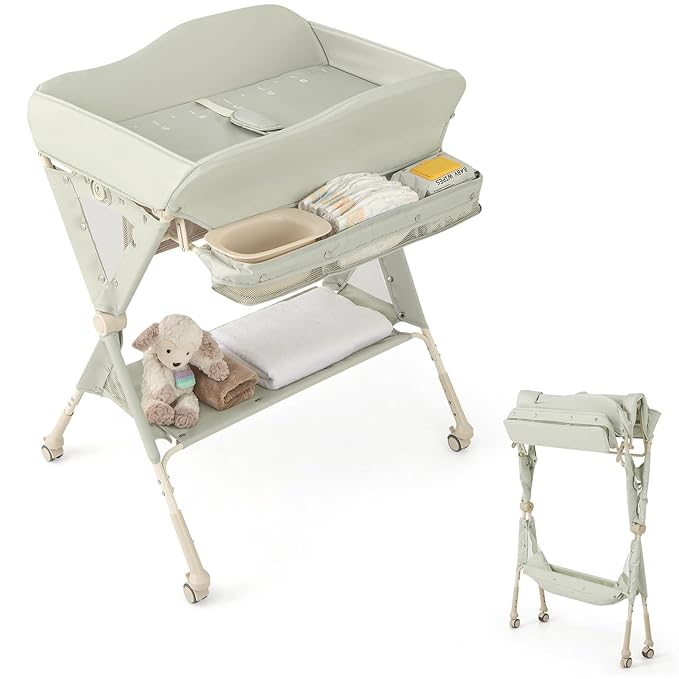 HONEY JOY Changing Table, Folding Mobile Diaper Nursery Organizer w/Wheel, 3 Adjustable Heights, Storage Bag & Open Shelf, Water Basin, Portable Baby Changing Station for Newborn Infant(Green)