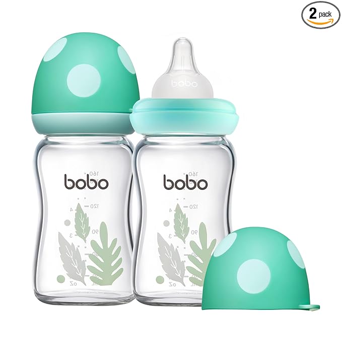 YOHKOH Natural Glass Baby Bottle with Level 1 Slow Flow Nipple, Newborn Anti-Colic Baby Bottles, Wide Neck Mushroom Baby Glass Bottle ((5.4oz (Pack of 2), Blue-A)