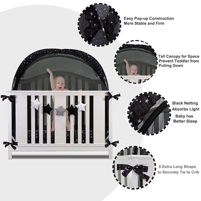 Safety Crib Tent to Keep Baby in Pop up Mosquito Net Netting Canopy Mesh Cover for Toddler - Black