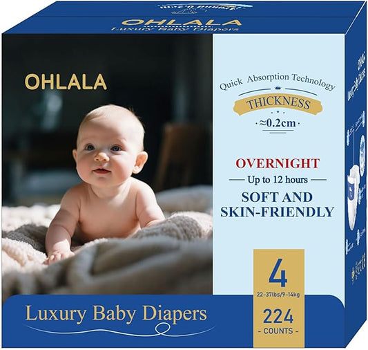 OHLALA Luxury Diapers Size 4 Skin-Friendly & Leakproof | Hypoallergenic | Fragrance-Free | Lightweight | 4 Pack 224counts | 22-37 lbs