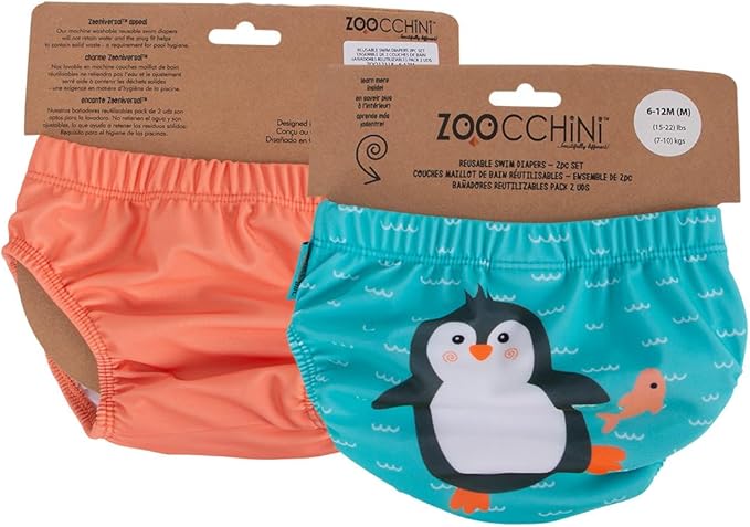 ZOOCCHINI Baby & Toddler Pack of 2 Reusable Swim Diapers – Waterproof with UPF 50+ Sun Protection, Chlorine & Salt Water Resistant, Leakproof Design, Large 24-36 Months, Parker the Penguin