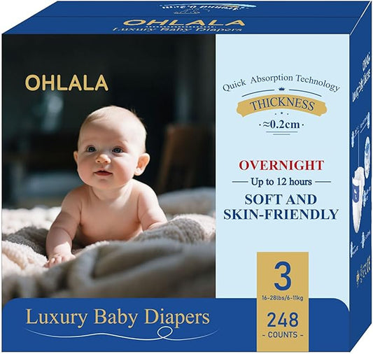 OHLALA Luxury Size 3 Diapers Skin-Friendly & Leakproof | Hypoallergenic | Fragrance-Free | Ultra-Thin | 4 Pack 248counts | 16-28 lbs